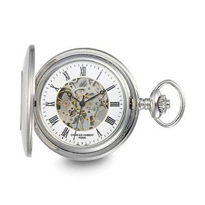 Charles Hubert Stainless w/Oval Engraving Area Skeleton Pocket Watch